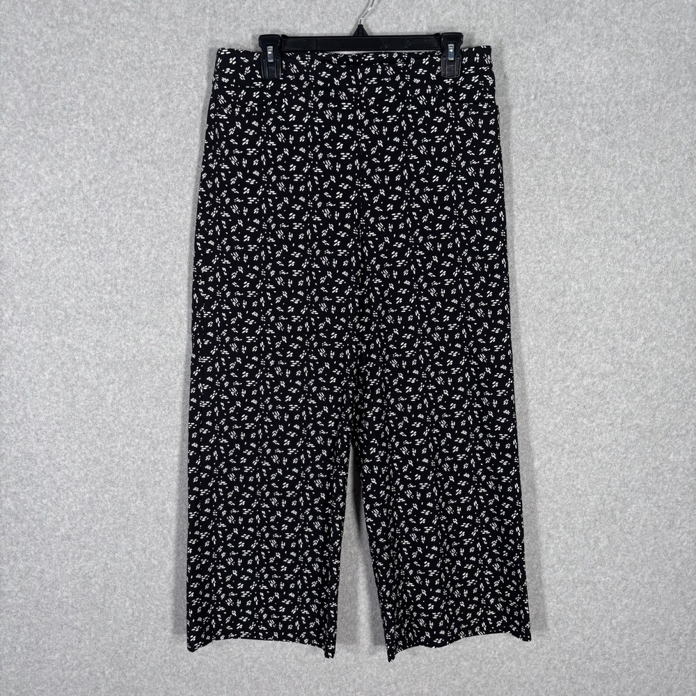 Chicos Wide Leg Crop Pants Medium 10 Black Abstract Floral Pull On Career Casual